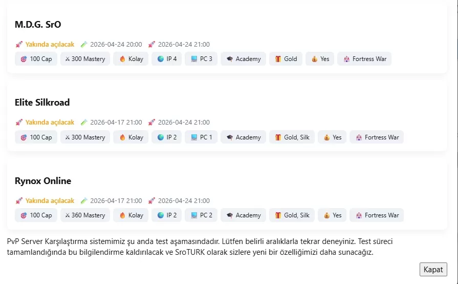 PvP Server Karşılaştırma Sonuç Ekranı